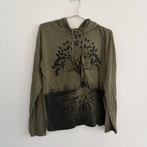 Sure Design Tree of Life Hooded Long Sleeve Shirt Olive Green Graphic Tee